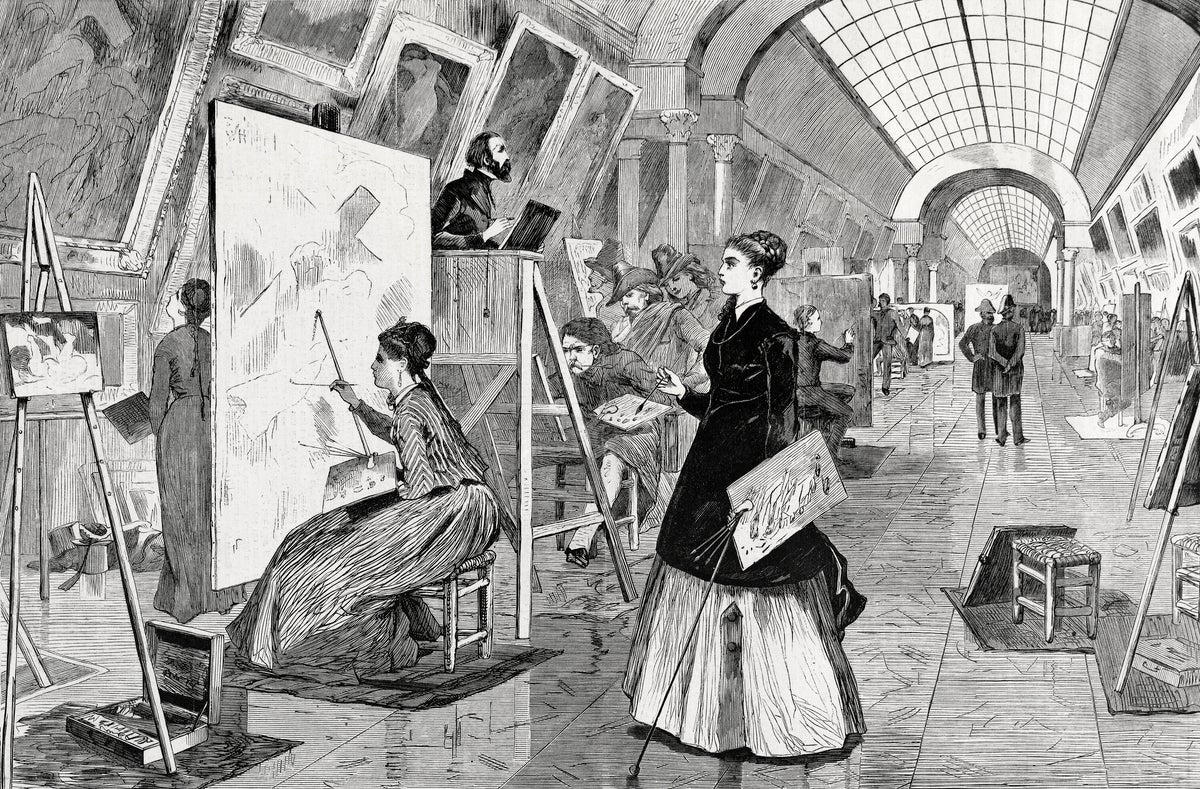 Art Students and Copyists in the Louvre Gallery Paris painting - Meri Deewar 3 : 2 Horizontal Premium Wall Art Canvas by MeriDeewar