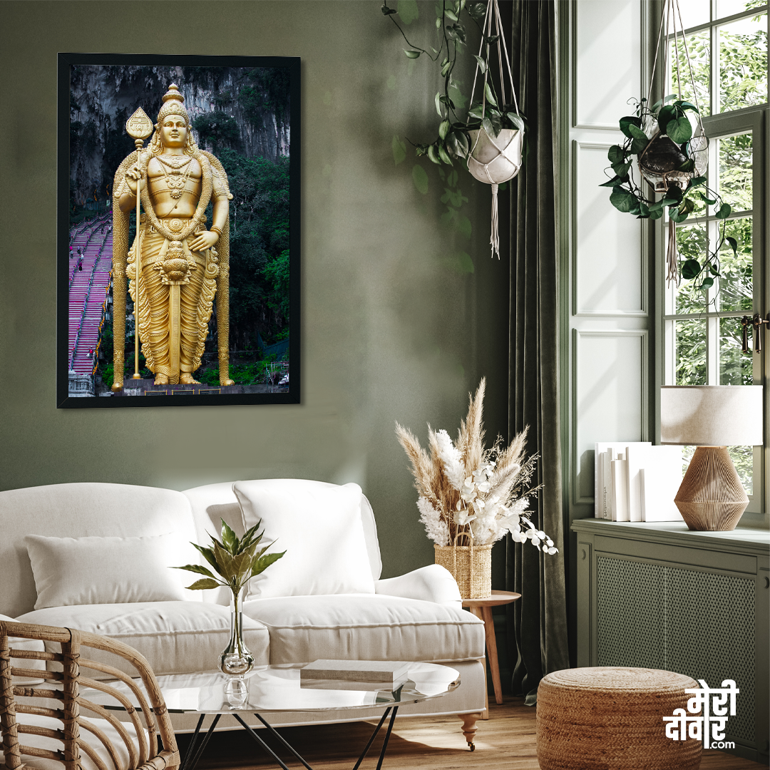 Batu Caves Lord Murugan God Skanda Wall Painting 2 : 3 Vertical Premium Wall Art Canvas by MeriDeewar