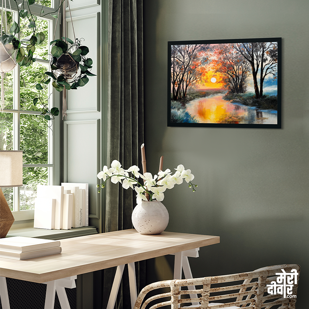 Beautiful Autumn Forest River Canvas Wall Painting 4 : 3 Horizontal Premium Wall Art Canvas by MeriDeewar