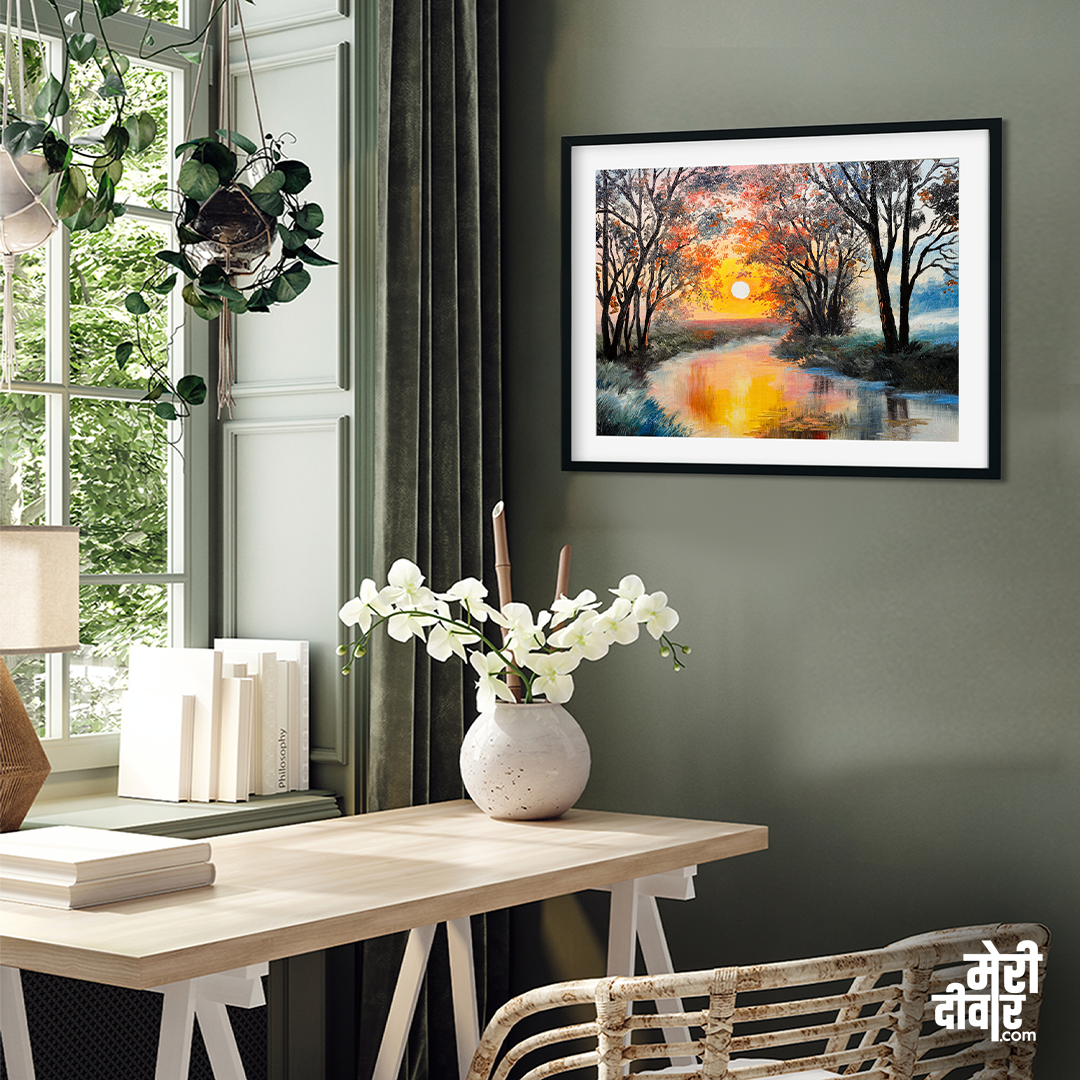 Beautiful Autumn Forest River Canvas Wall Painting 4 : 3 Horizontal Premium Wall Art Canvas by MeriDeewar