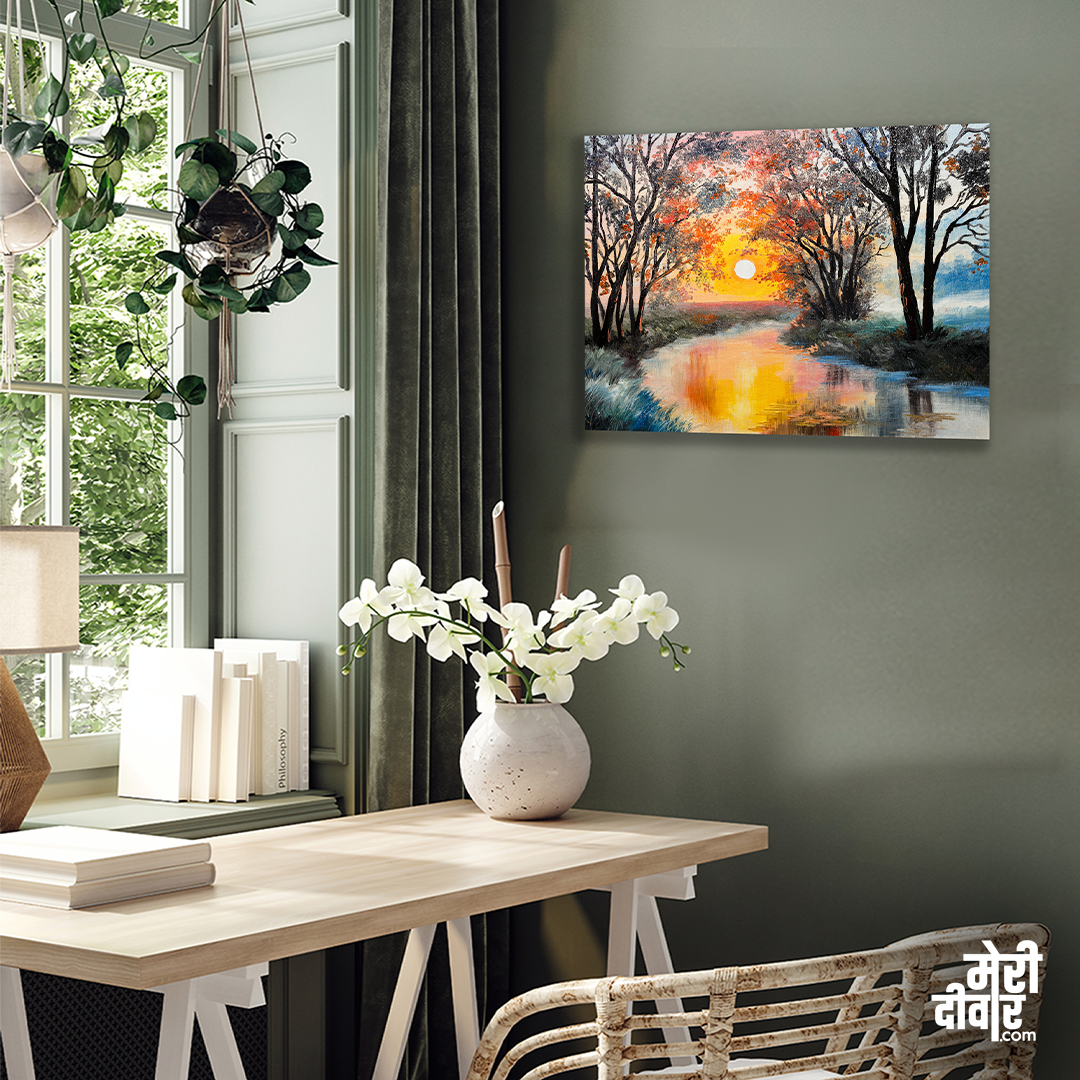 Beautiful Autumn Forest River Canvas Wall Painting 4 : 3 Horizontal Premium Wall Art Canvas by MeriDeewar