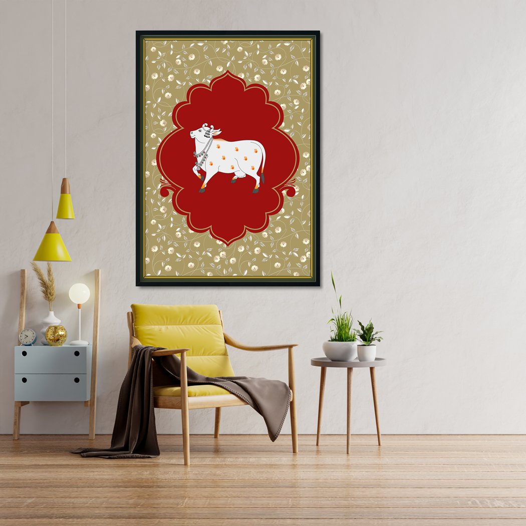 Beautiful Cow Art Pichwai Painting - Meri Deewar 3 : 4.2 Vertical Premium Wall Art Canvas by MeriDeewar