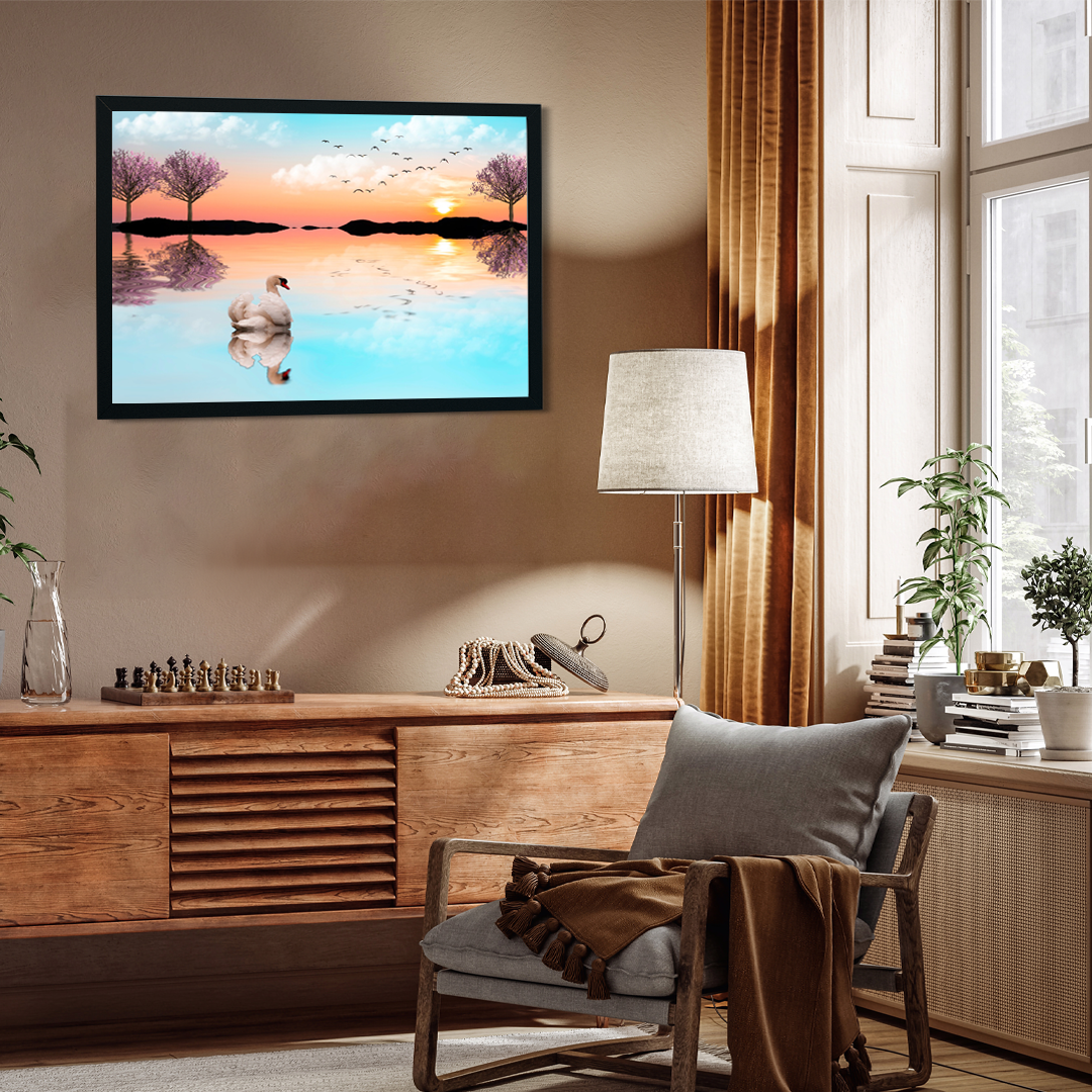 Beautiful Lake Sunrise with Swan Wall Painting 3 : 2 Horizontal Premium Wall Art Canvas by MeriDeewar