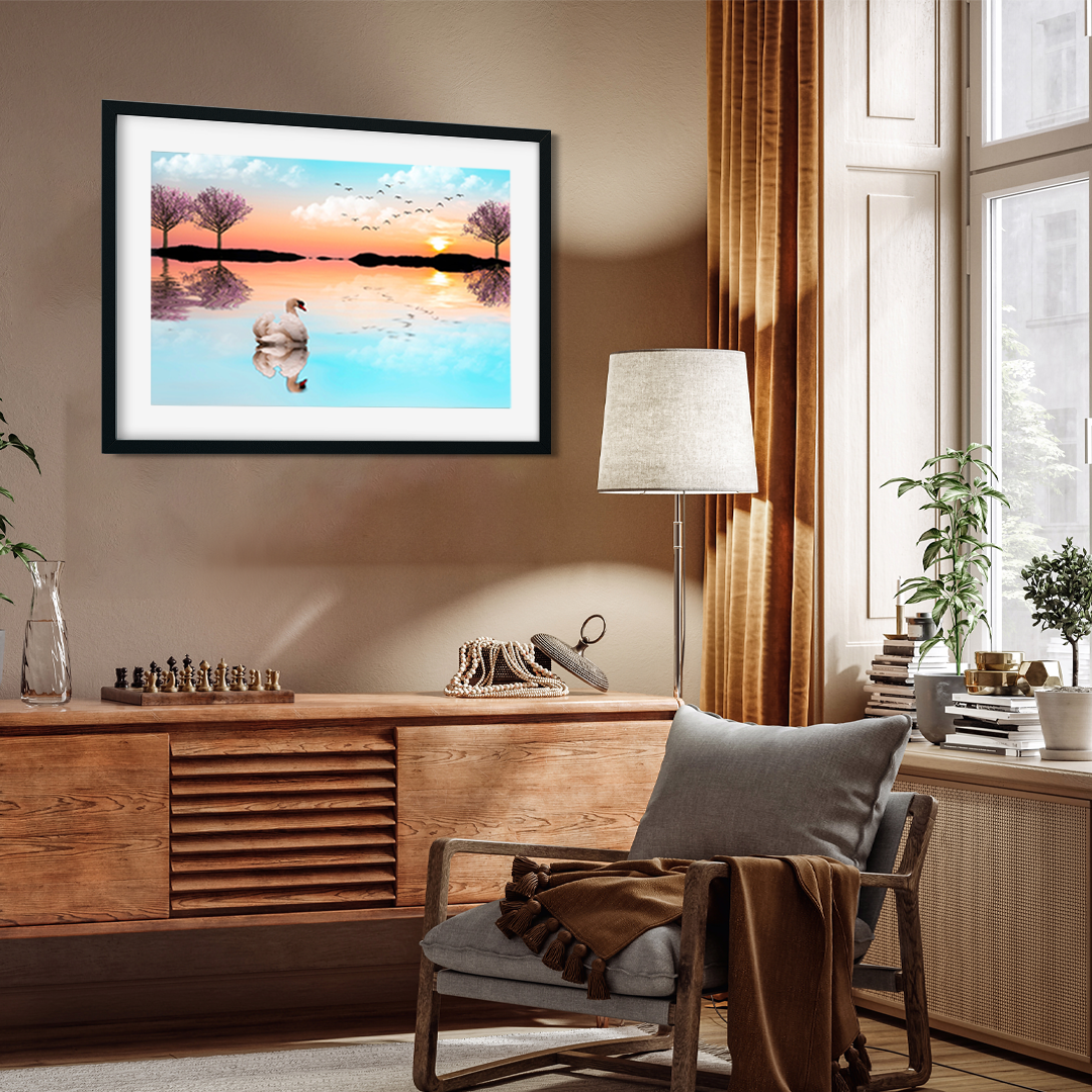 Beautiful Lake Sunrise with Swan Wall Painting 3 : 2 Horizontal Premium Wall Art Canvas by MeriDeewar