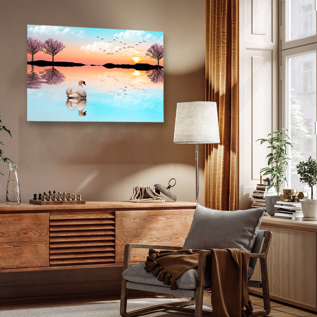 Beautiful Lake Sunrise with Swan Wall Painting 3 : 2 Horizontal Premium Wall Art Canvas by MeriDeewar