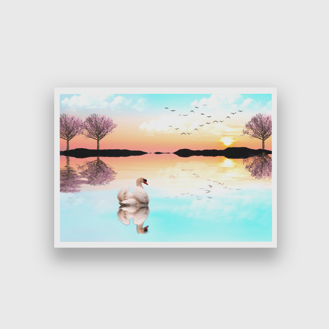 Beautiful Lake Sunrise with Swan Wall Painting 3 : 2 Horizontal Premium Wall Art Canvas by MeriDeewar