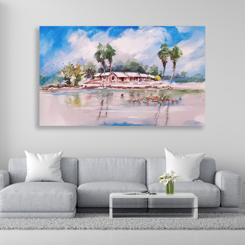 Beautiful Landscape Village Painting-Meri Deewar 3 : 2 Horizontal Premium Wall Art Canvas by MeriDeewar