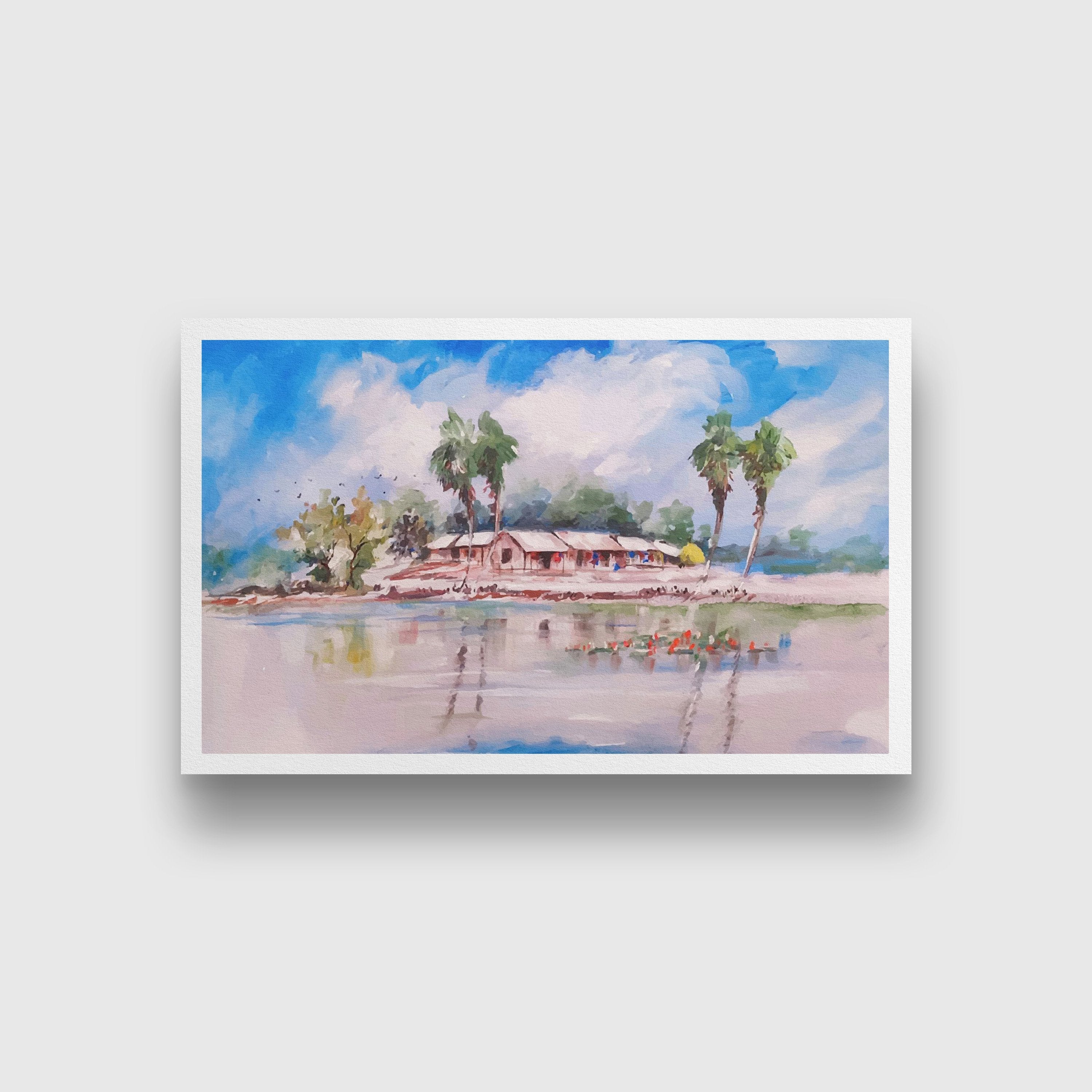 Beautiful Landscape Village Painting-Meri Deewar 3 : 2 Horizontal Premium Wall Art Canvas by MeriDeewar