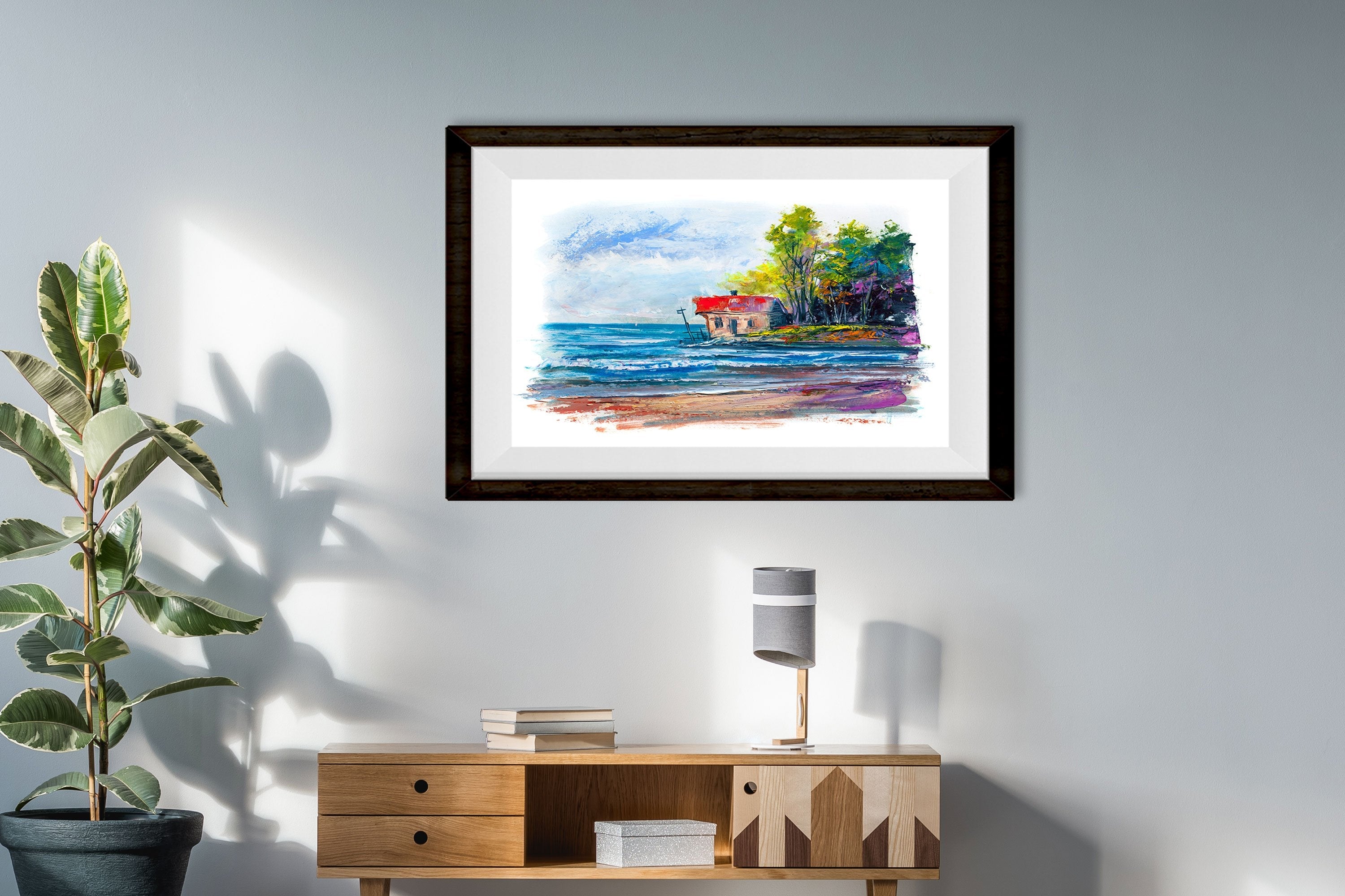 Beautiful Ocean Landscape Painting-Meri Deewar 3 : 2 Horizontal Premium Wall Art Canvas by MeriDeewar