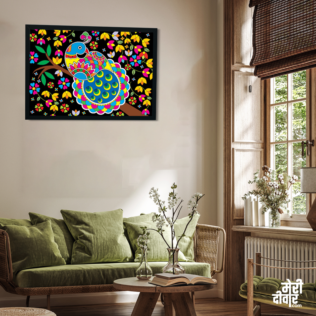 Beautiful Peacock Madhubani Wall Painting 3 : 2 Horizontal Premium Wall Art Canvas by MeriDeewar