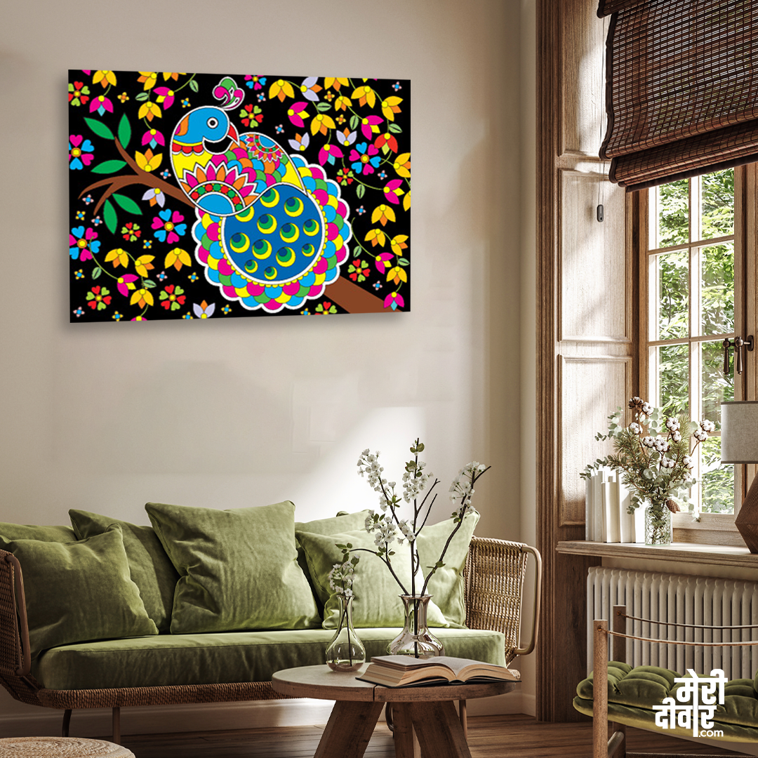 Beautiful Peacock Madhubani Wall Painting 3 : 2 Horizontal Premium Wall Art Canvas by MeriDeewar