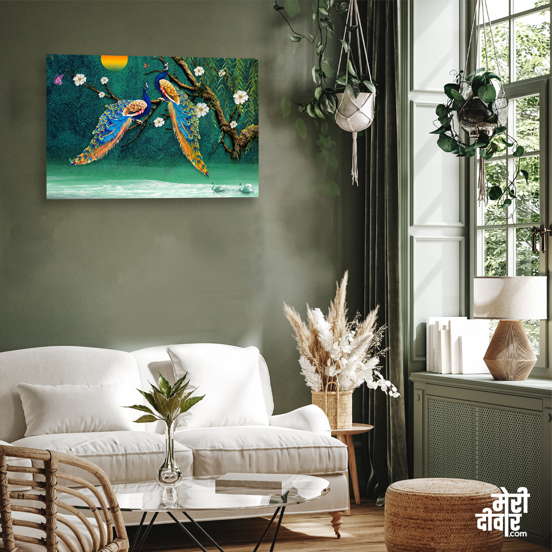 Beautiful Peacock Nature Painting 3 : 2 Horizontal Premium Wall Art Canvas by MeriDeewar