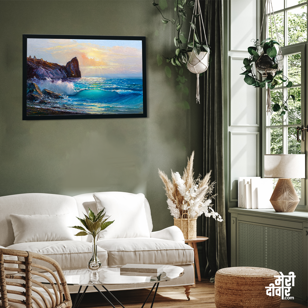 Beautiful Seascape with Sunrise Wall Paintings 3 : 2 Horizontal Premium Wall Art Canvas by MeriDeewar