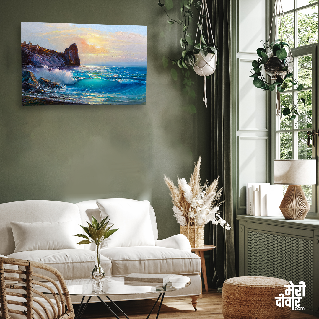 Beautiful Seascape with Sunrise Wall Paintings 3 : 2 Horizontal Premium Wall Art Canvas by MeriDeewar