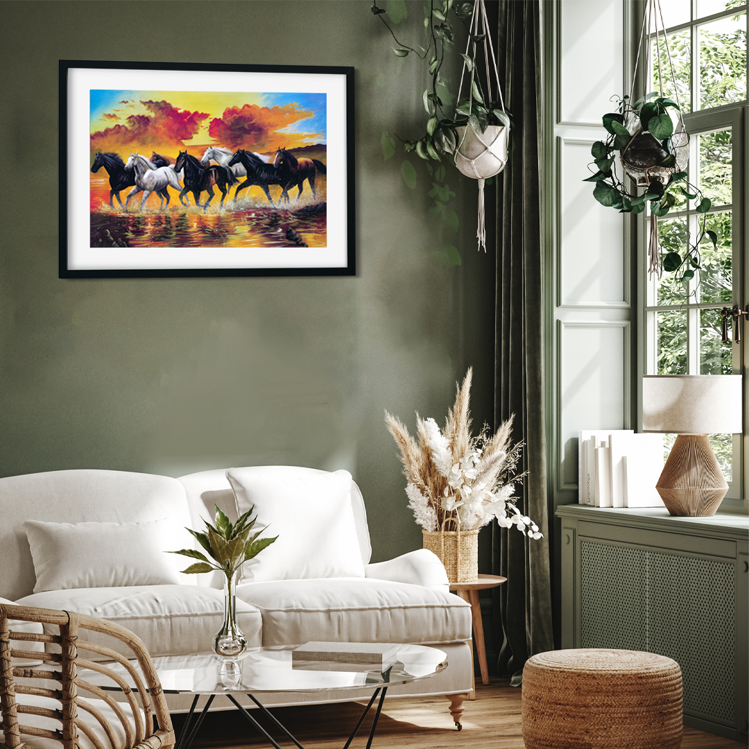 Beautiful Seven Running Black & White Horses Wall Painting 3 : 2 Horizontal Premium Wall Art Canvas by MeriDeewar
