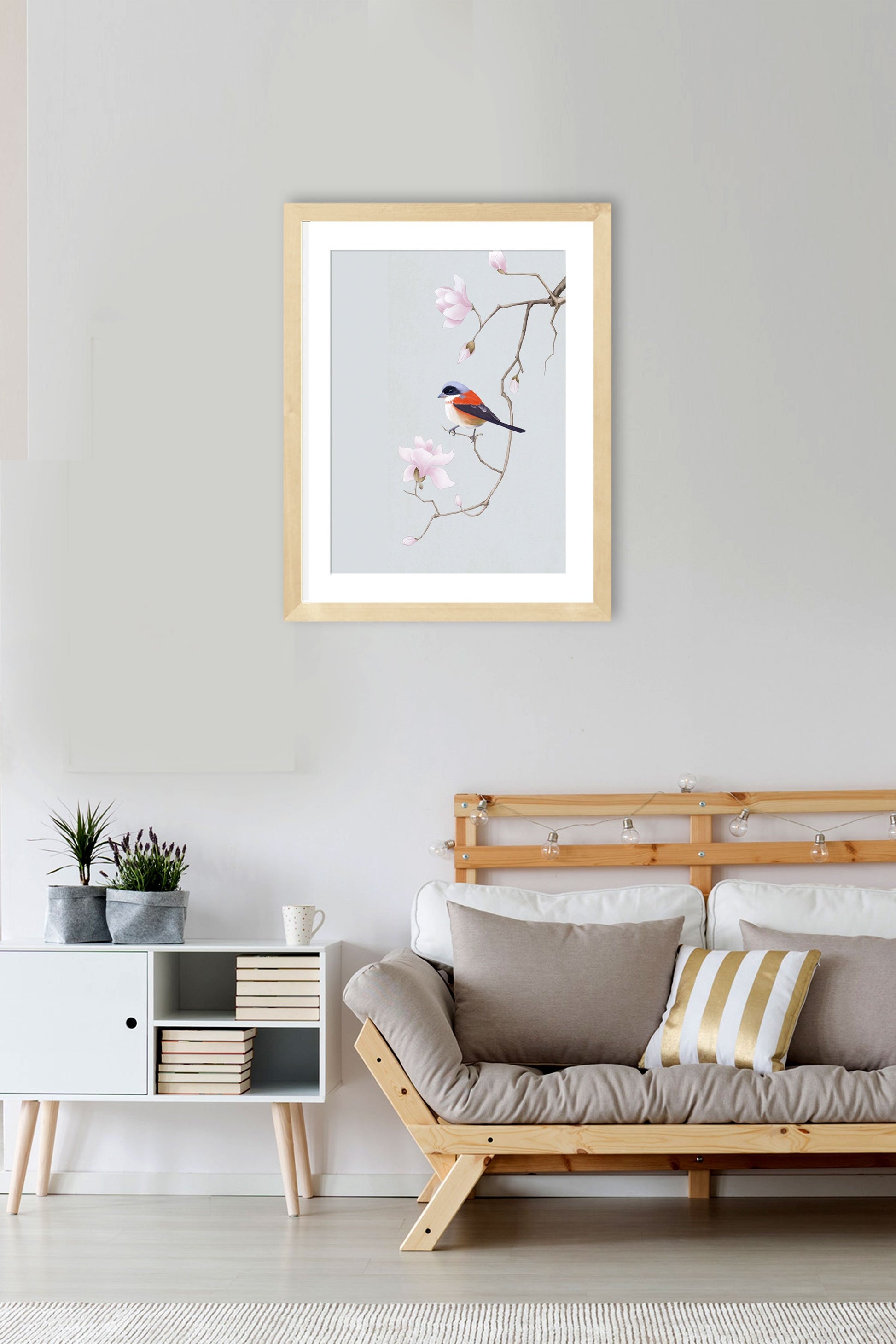 Bird and Blossom Painting-Meri Deewar 2 : 3 Vertical Premium Wall Art Canvas by MeriDeewar