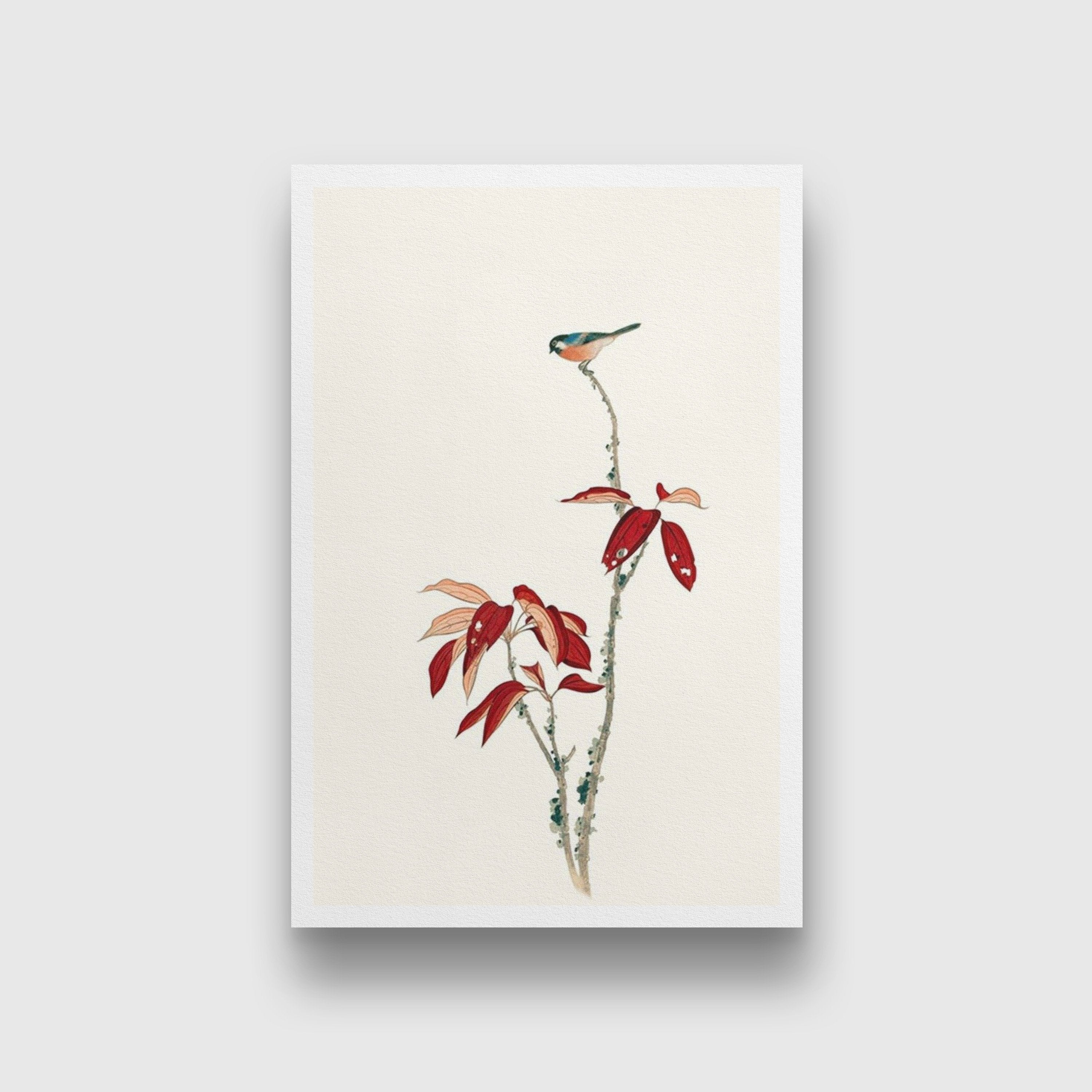 Bird and Red Tree Painting-Meri Deewar 2 : 3 Vertical Premium Wall Art Canvas by MeriDeewar