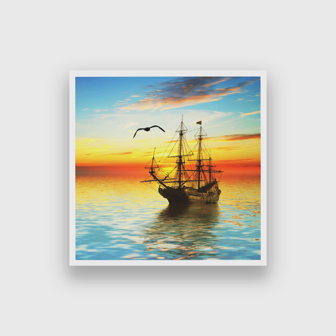 Boat in Sunrise Wall Painting 1 : 1 Square Premium Wall Art Canvas by MeriDeewar