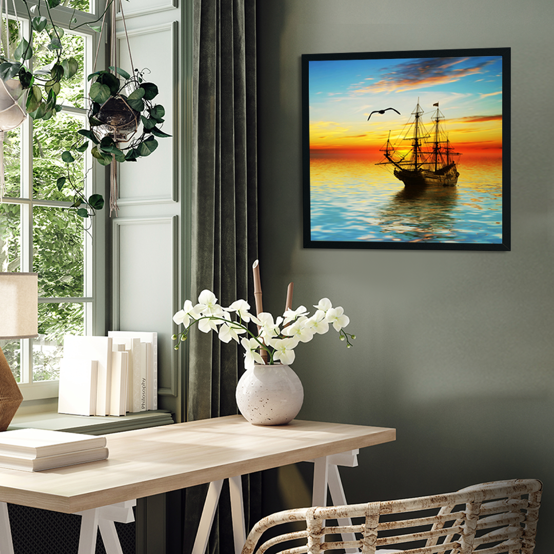Boat in Sunrise Wall Painting 1 : 1 Square Premium Wall Art Canvas by MeriDeewar
