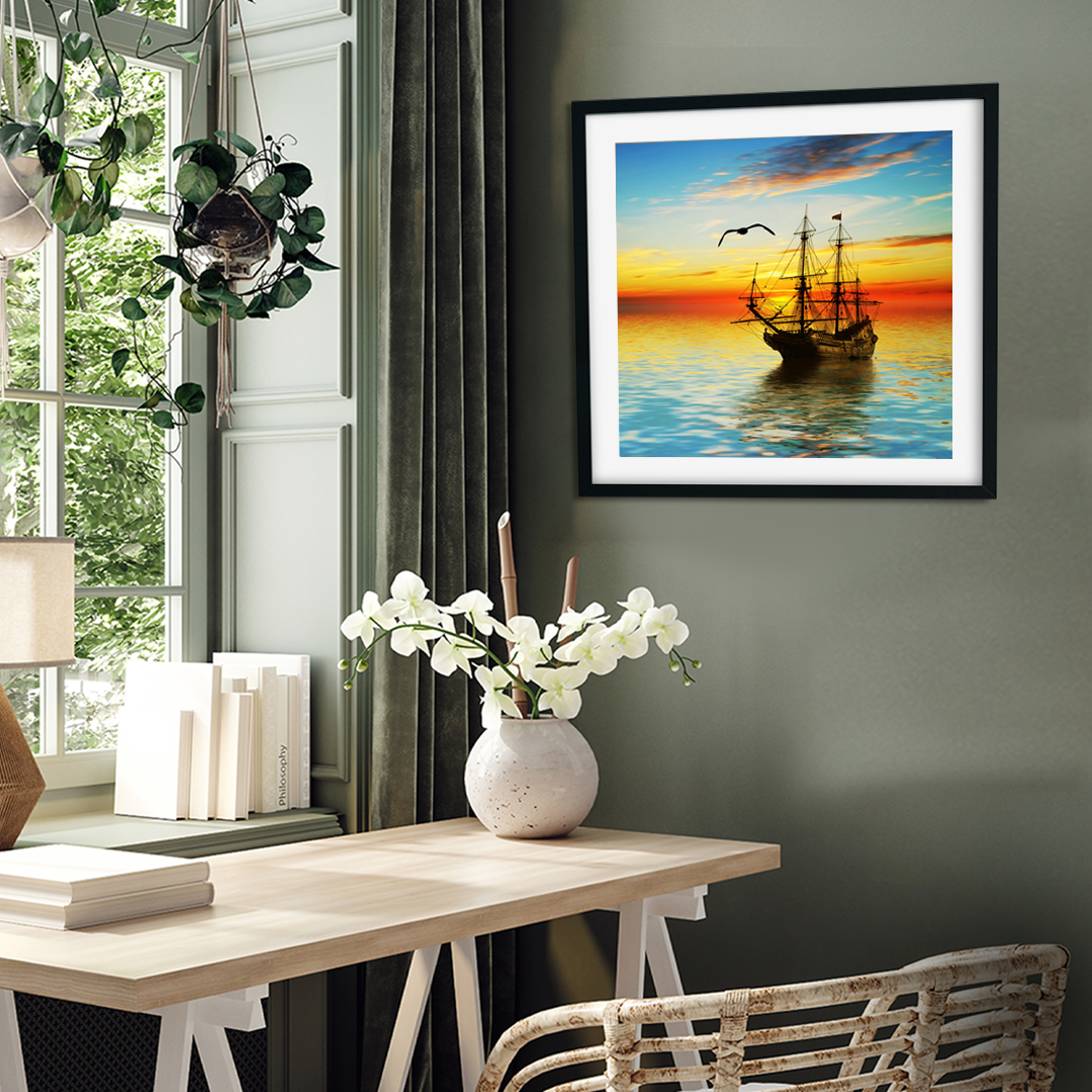 Boat in Sunrise Wall Painting 1 : 1 Square Premium Wall Art Canvas by MeriDeewar