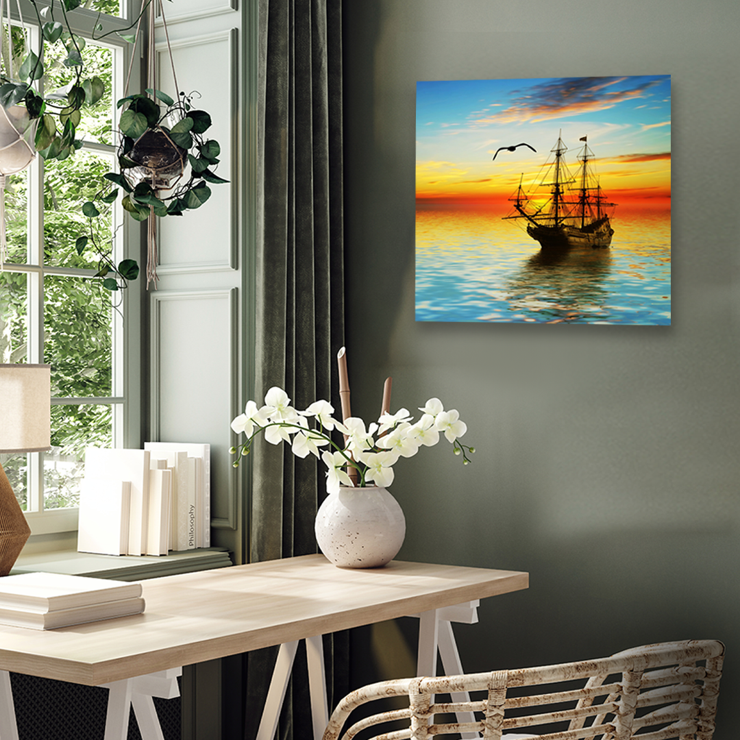 Boat in Sunrise Wall Painting 1 : 1 Square Premium Wall Art Canvas by MeriDeewar