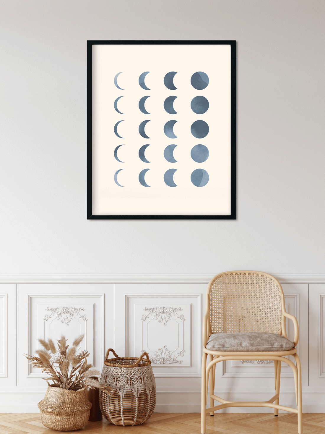 Boho prints with blue rainbow moon golden star Painting 5 : 6 Vertical Premium Wall Art Canvas by MeriDeewar