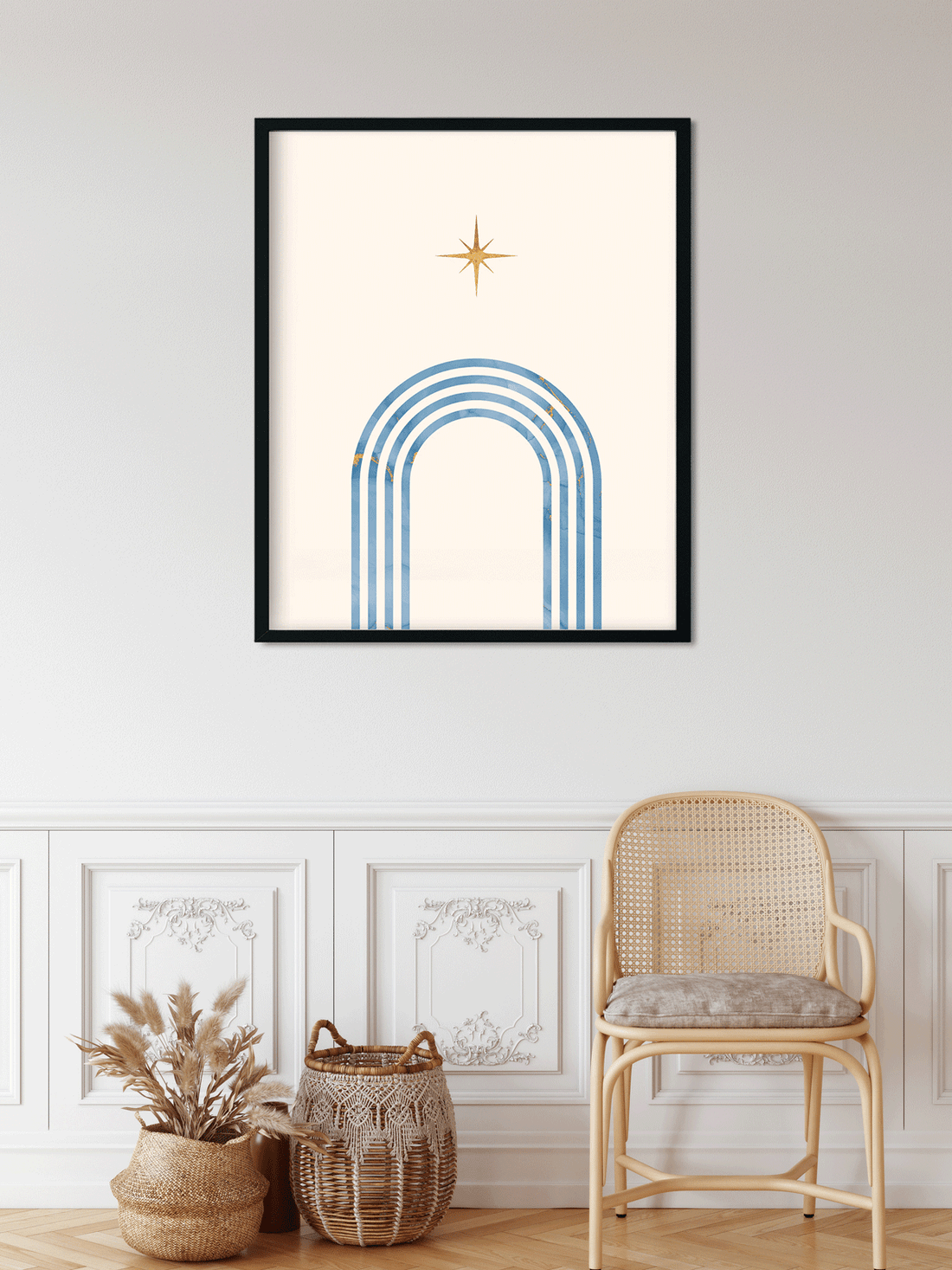Boho wall art prints with blue rainbow moon golden star Painting 5 : 6 Vertical Premium Wall Art Canvas by MeriDeewar