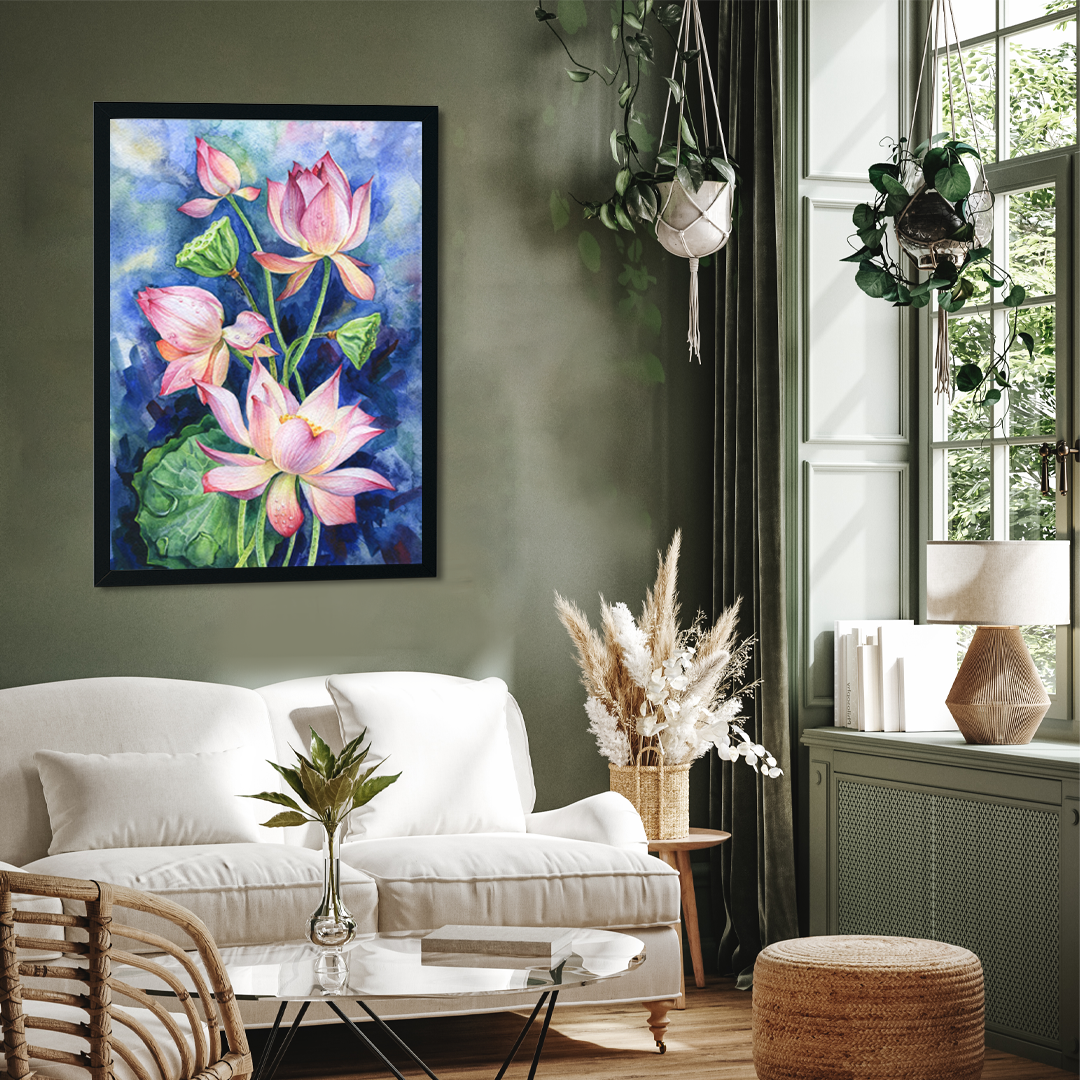 Bouquet of Pink Lotus Flowers on a Blue Background 2 : 3 Vertical Premium Wall Art Canvas by MeriDeewar