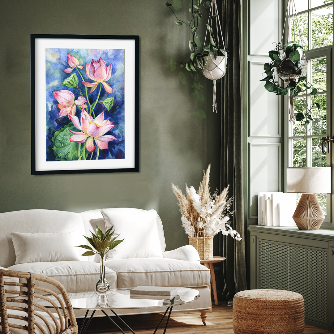 Bouquet of Pink Lotus Flowers on a Blue Background 2 : 3 Vertical Premium Wall Art Canvas by MeriDeewar