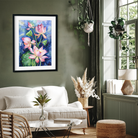 Bouquet of Pink Lotus Flowers on a Blue Background 2 : 3 Vertical Premium Wall Art Canvas by MeriDeewar