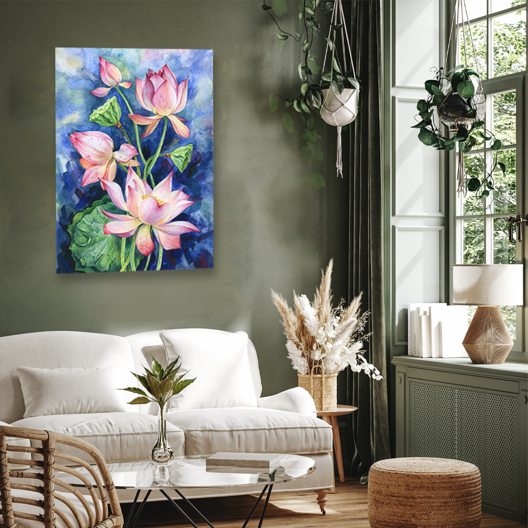 Bouquet of Pink Lotus Flowers on a Blue Background 2 : 3 Vertical Premium Wall Art Canvas by MeriDeewar