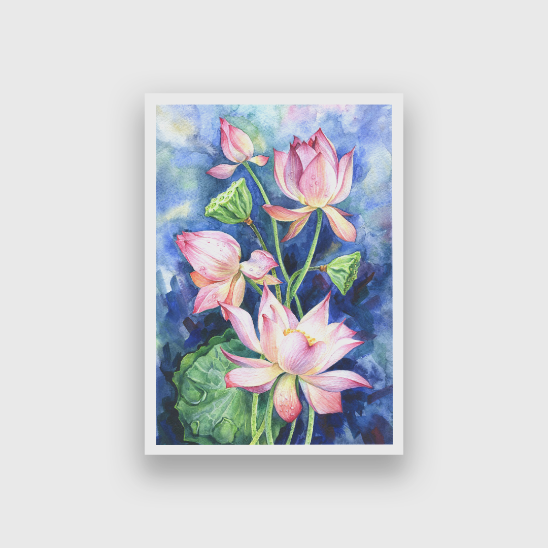 Bouquet of Pink Lotus Flowers on a Blue Background 2 : 3 Vertical Premium Wall Art Canvas by MeriDeewar