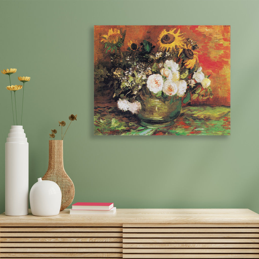 Bowl With Sunflowers Roses And Other Flowers (1886) famous painting 5 : 4 Horizontal Premium Wall Art Canvas by MeriDeewar
