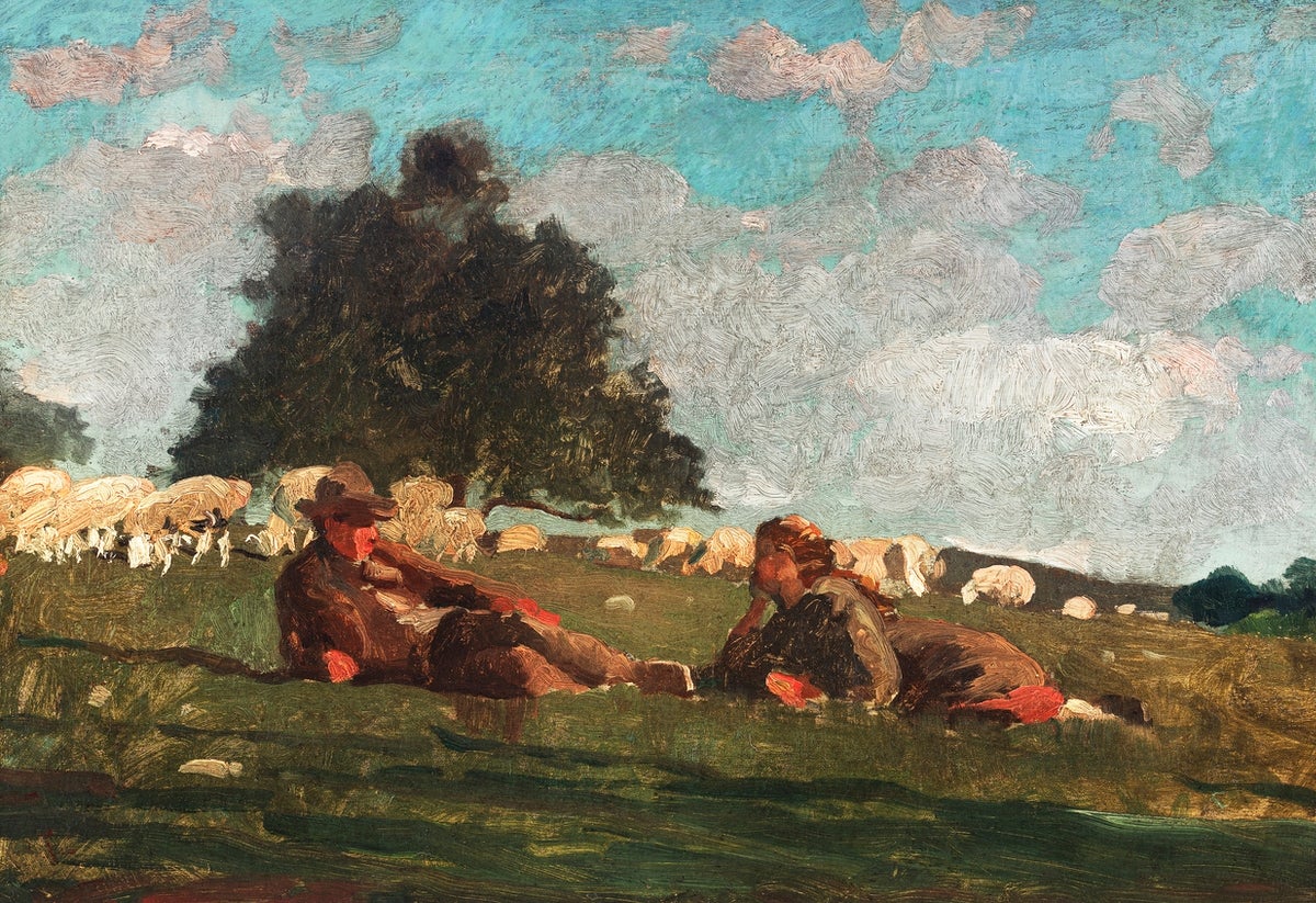 Boy and Girl in a Field with Sheep painting - Meri Deewar 3 : 2 Horizontal Premium Wall Art Canvas by MeriDeewar