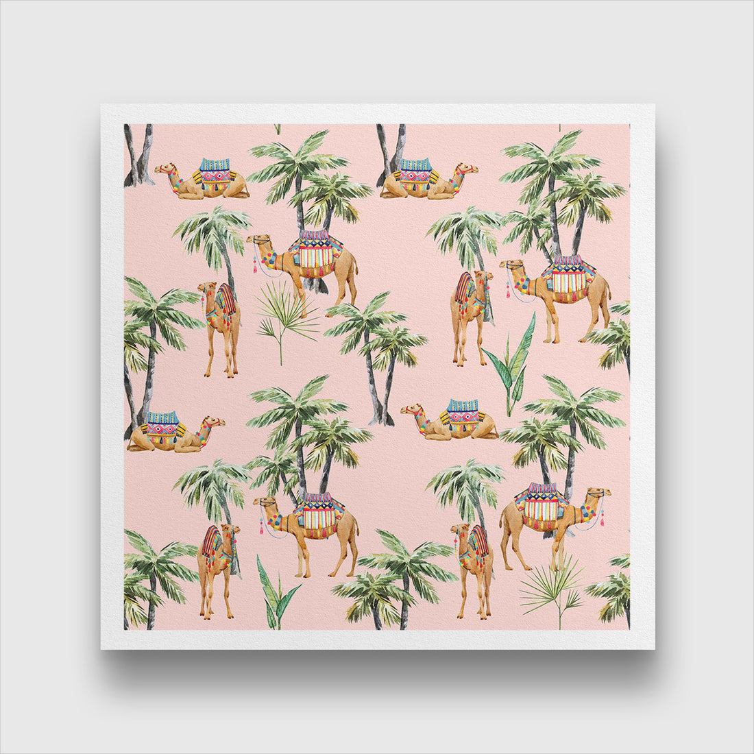 Camel and Palm Painting 1 : 1 Square Premium Wall Art Canvas by MeriDeewar