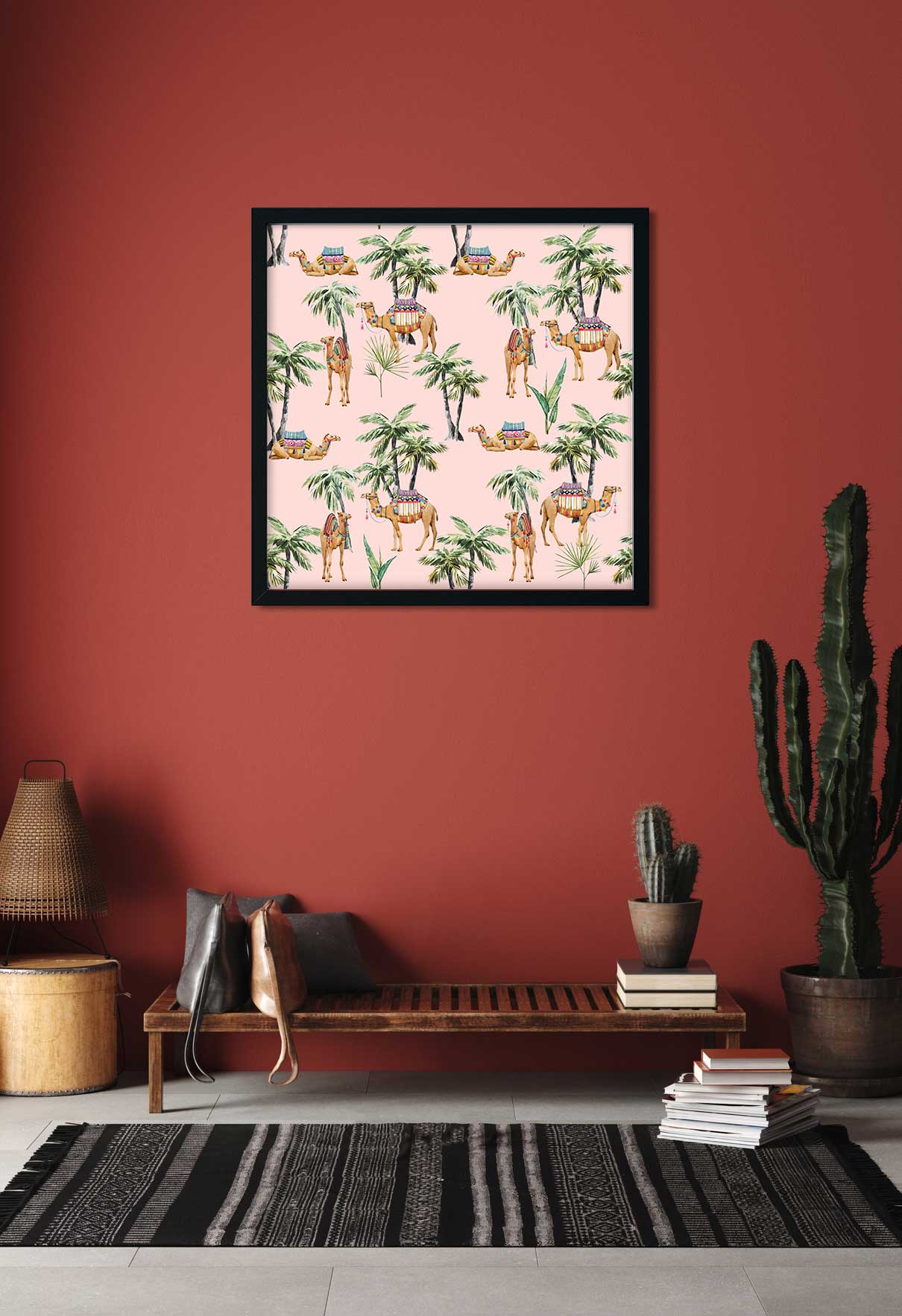 Camel and Palm Painting 1 : 1 Square Premium Wall Art Canvas by MeriDeewar