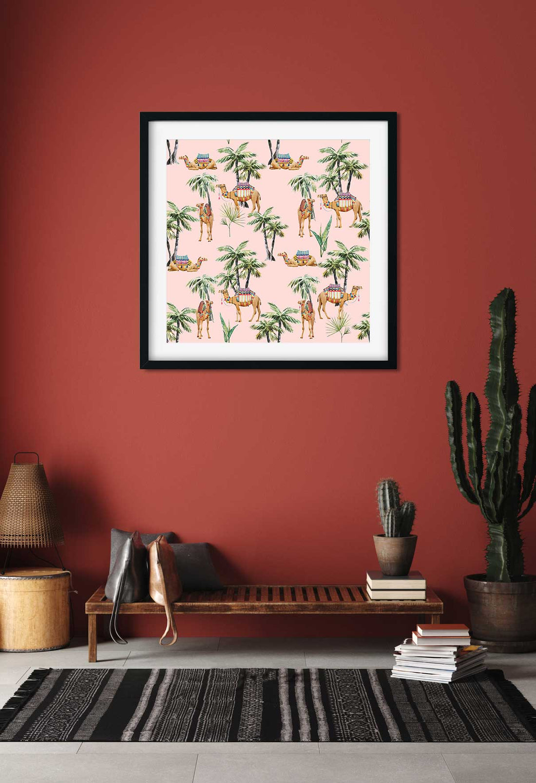 Camel and Palm Painting 1 : 1 Square Premium Wall Art Canvas by MeriDeewar