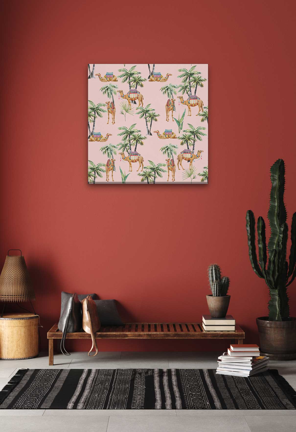 Camel and Palm Painting 1 : 1 Square Premium Wall Art Canvas by MeriDeewar