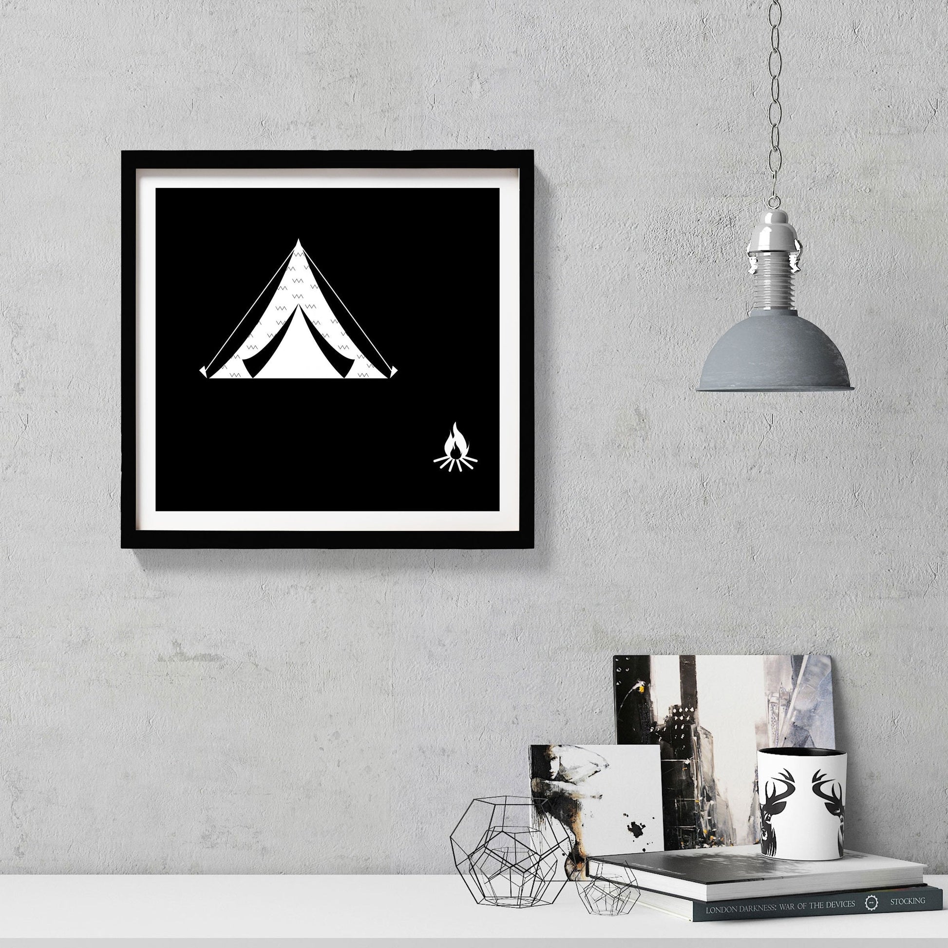 Campfire Travel Black and White Art Painting-Meri Deewar 1 : 1 Square Premium Wall Art Canvas by MeriDeewar