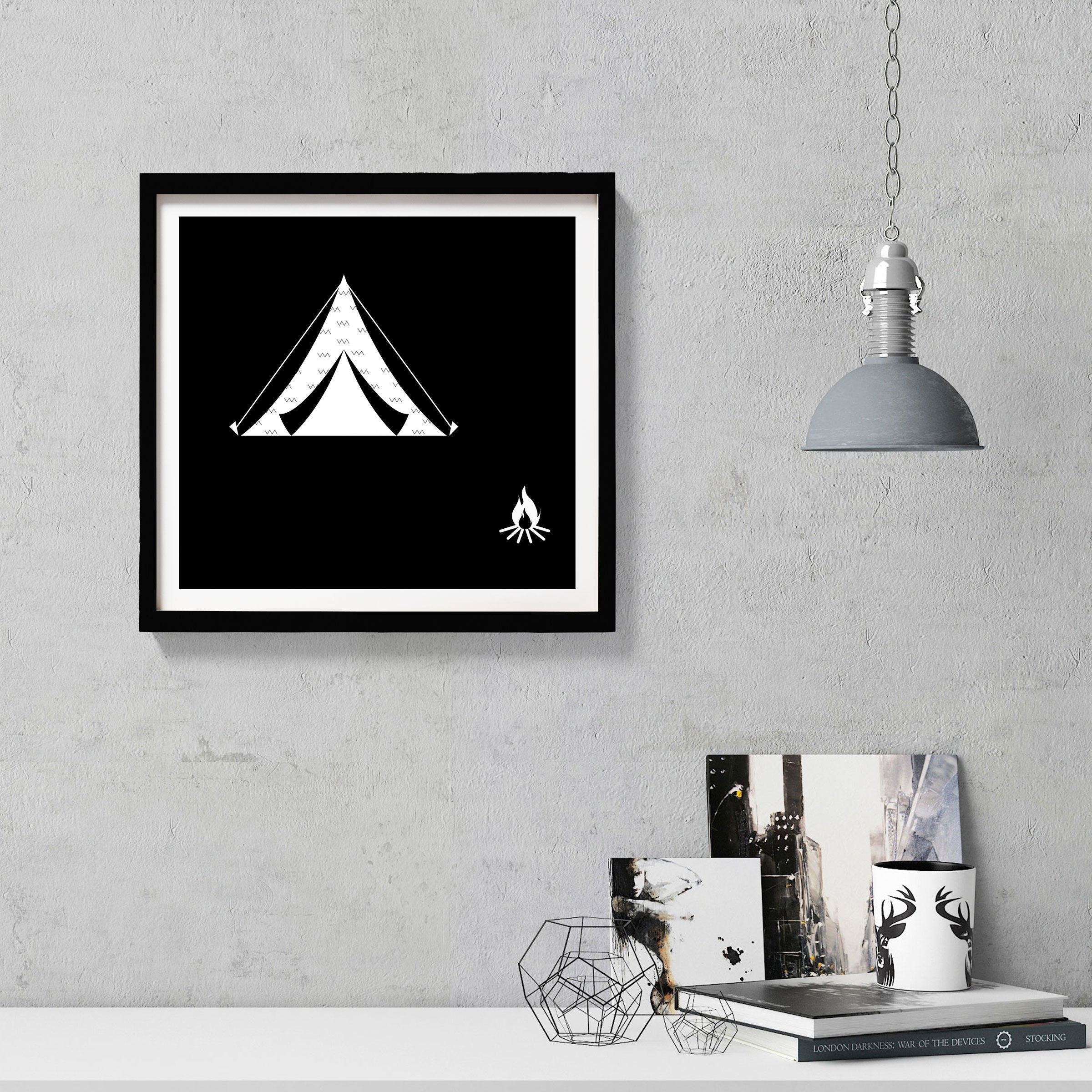 Campfire Travel Black and White Art Painting-Meri Deewar 1 : 1 Square Premium Wall Art Canvas by MeriDeewar