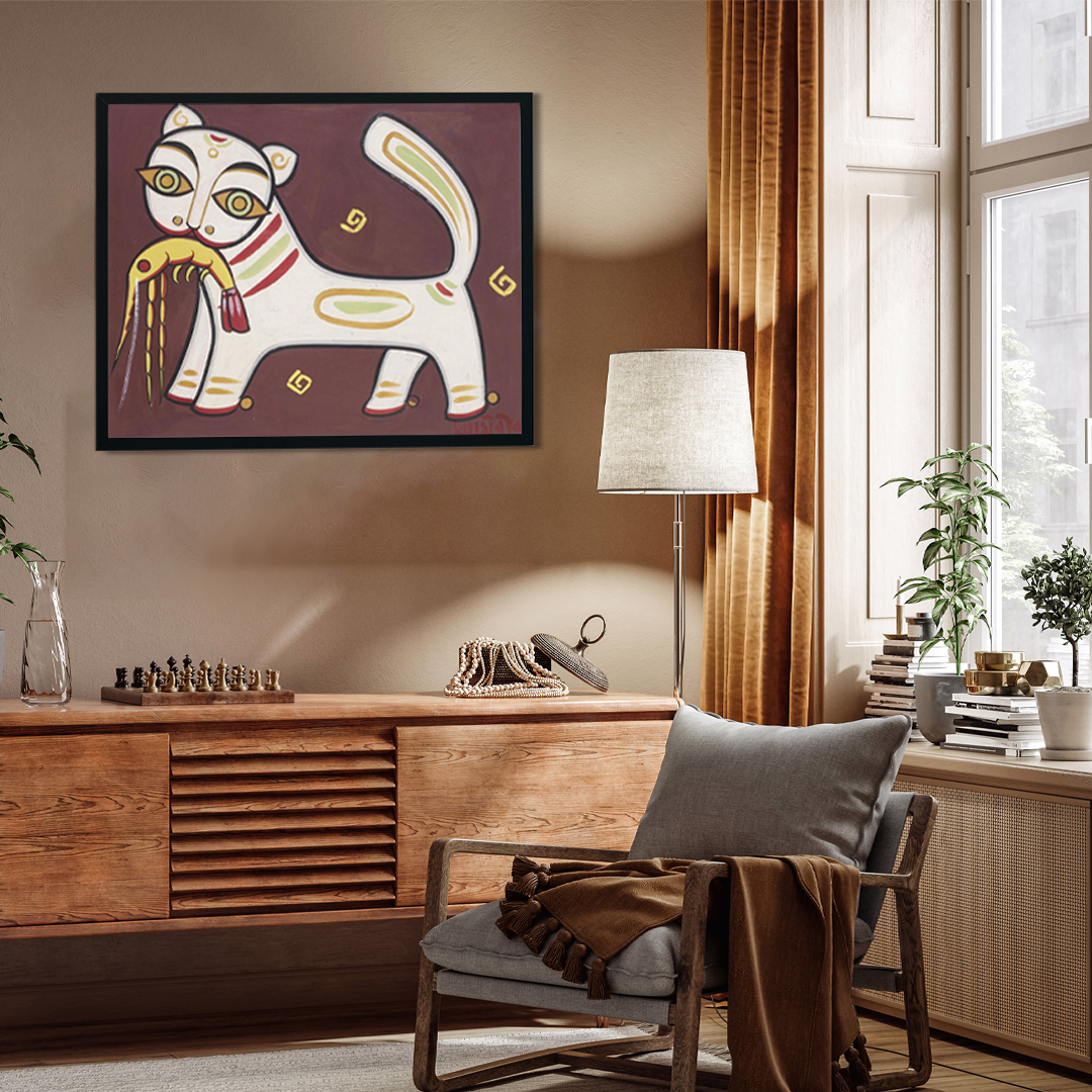 Cat and Lobster Painting 5 : 4 Horizontal Premium Wall Art Canvas by MeriDeewar