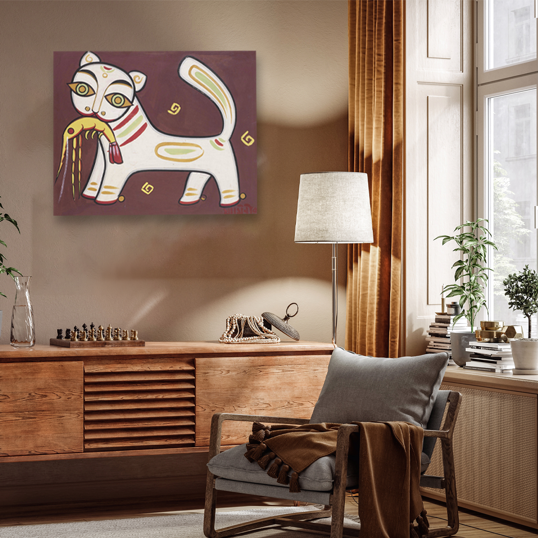 Cat and Lobster Painting 5 : 4 Horizontal Premium Wall Art Canvas by MeriDeewar