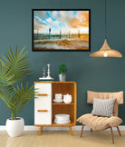 Colorful ocean beach sunrise with deep blue sky and sun rays Painting - Meri Deewar 3 : 2 Horizontal Premium Wall Art Canvas by MeriDeewar