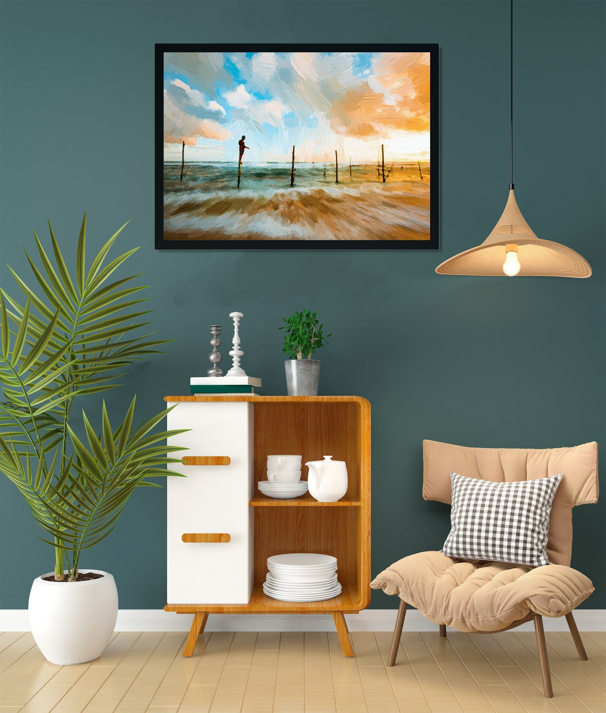 Colorful ocean beach sunrise with deep blue sky and sun rays Painting - Meri Deewar 3 : 2 Horizontal Premium Wall Art Canvas by MeriDeewar