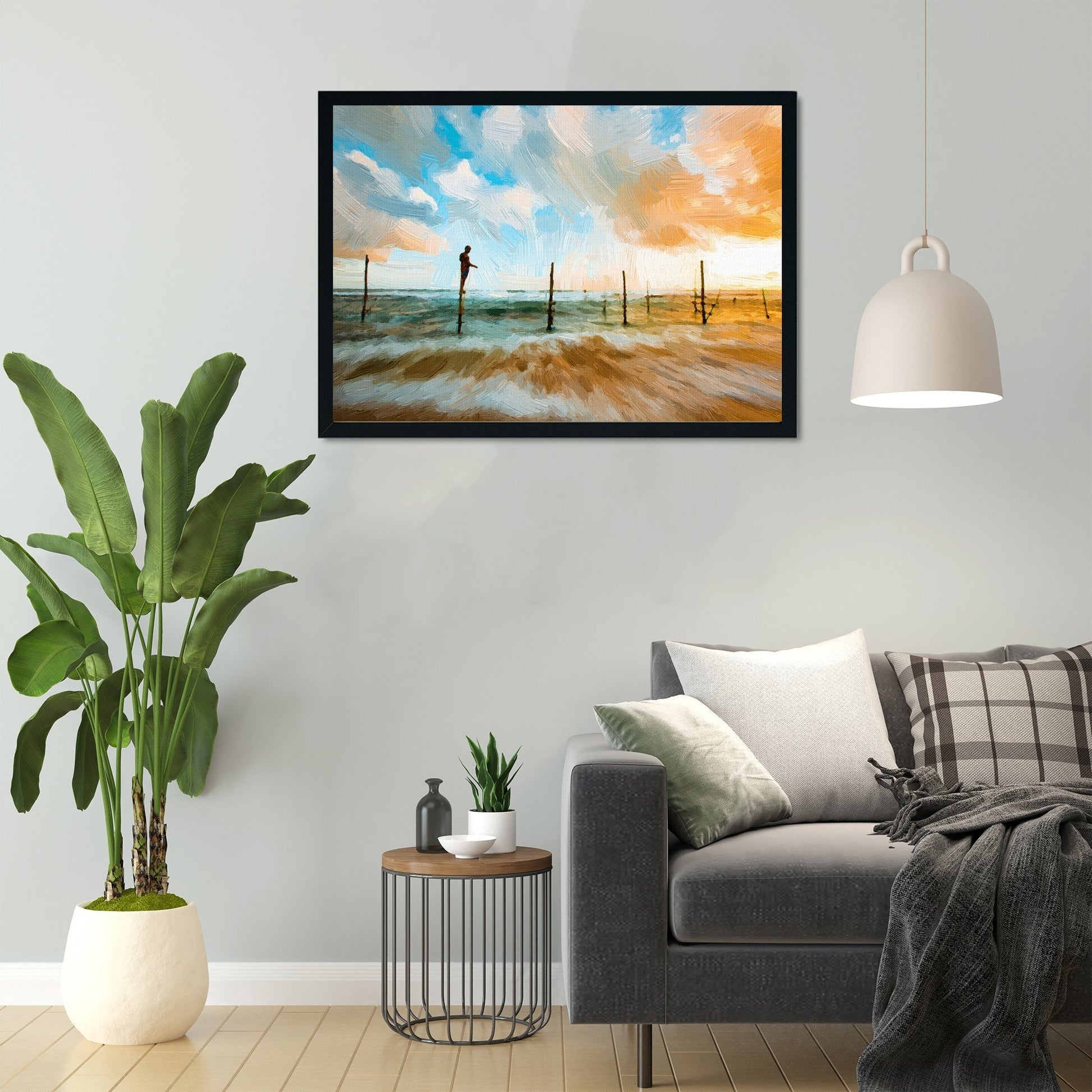 Colorful ocean beach sunrise with deep blue sky and sun rays Painting - Meri Deewar 3 : 2 Horizontal Premium Wall Art Canvas by MeriDeewar