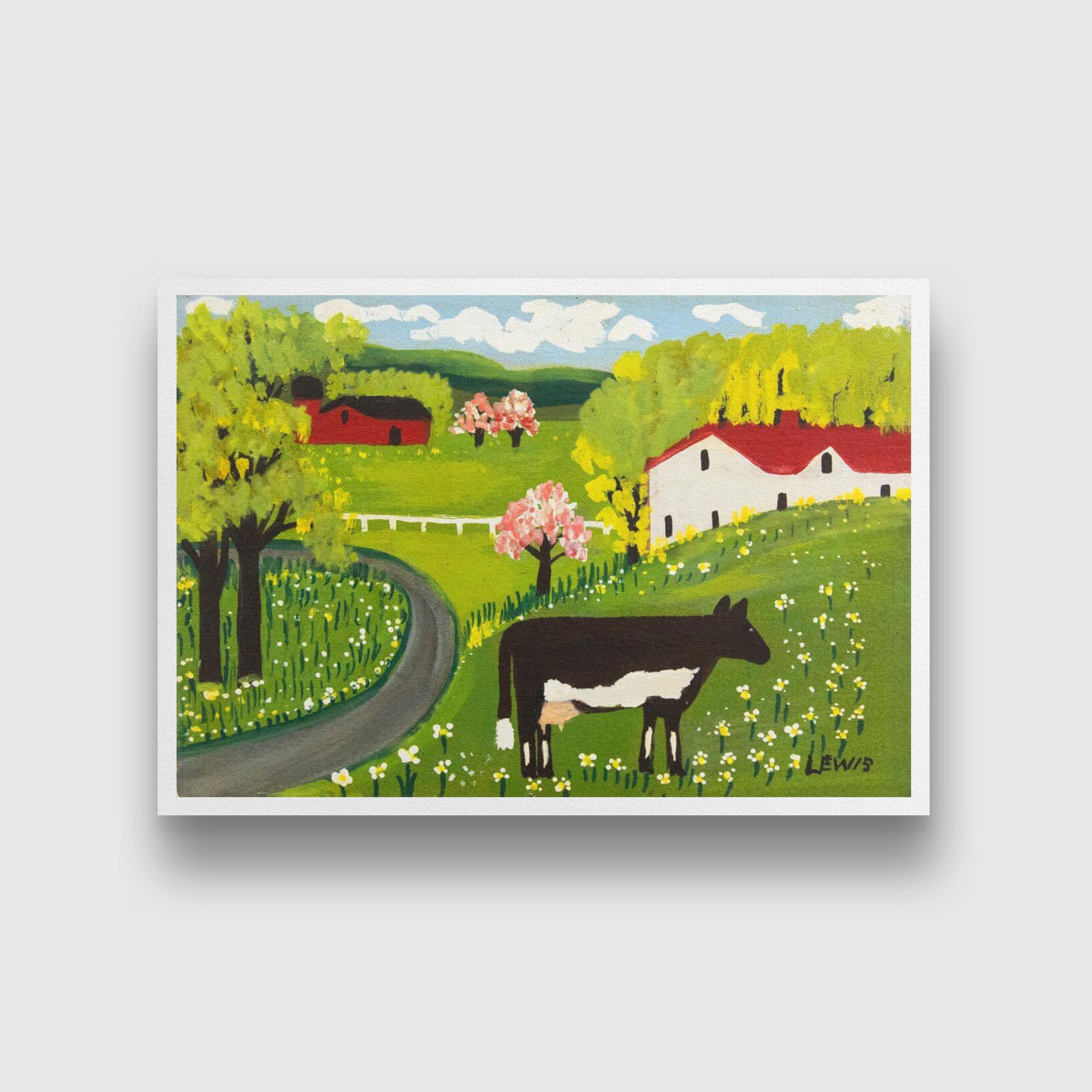 Cow In Springtime Painting - Meri Deewar 3 : 2 Horizontal Premium Wall Art Canvas by MeriDeewar