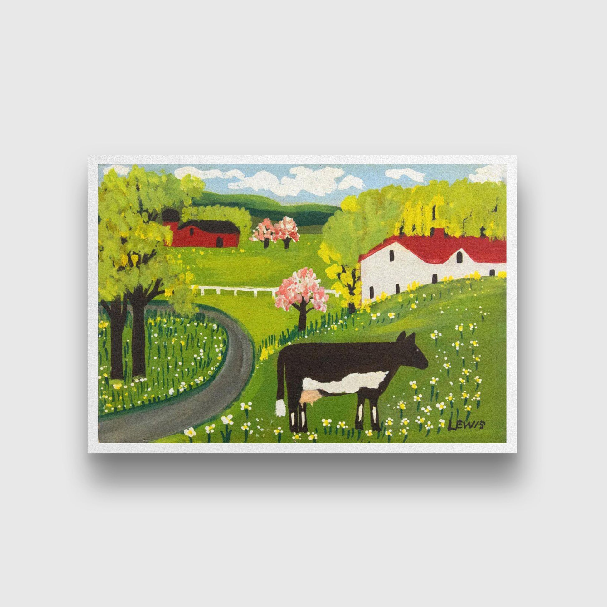 Cow In Springtime Painting - Meri Deewar 3 : 2 Horizontal Premium Wall Art Canvas by MeriDeewar