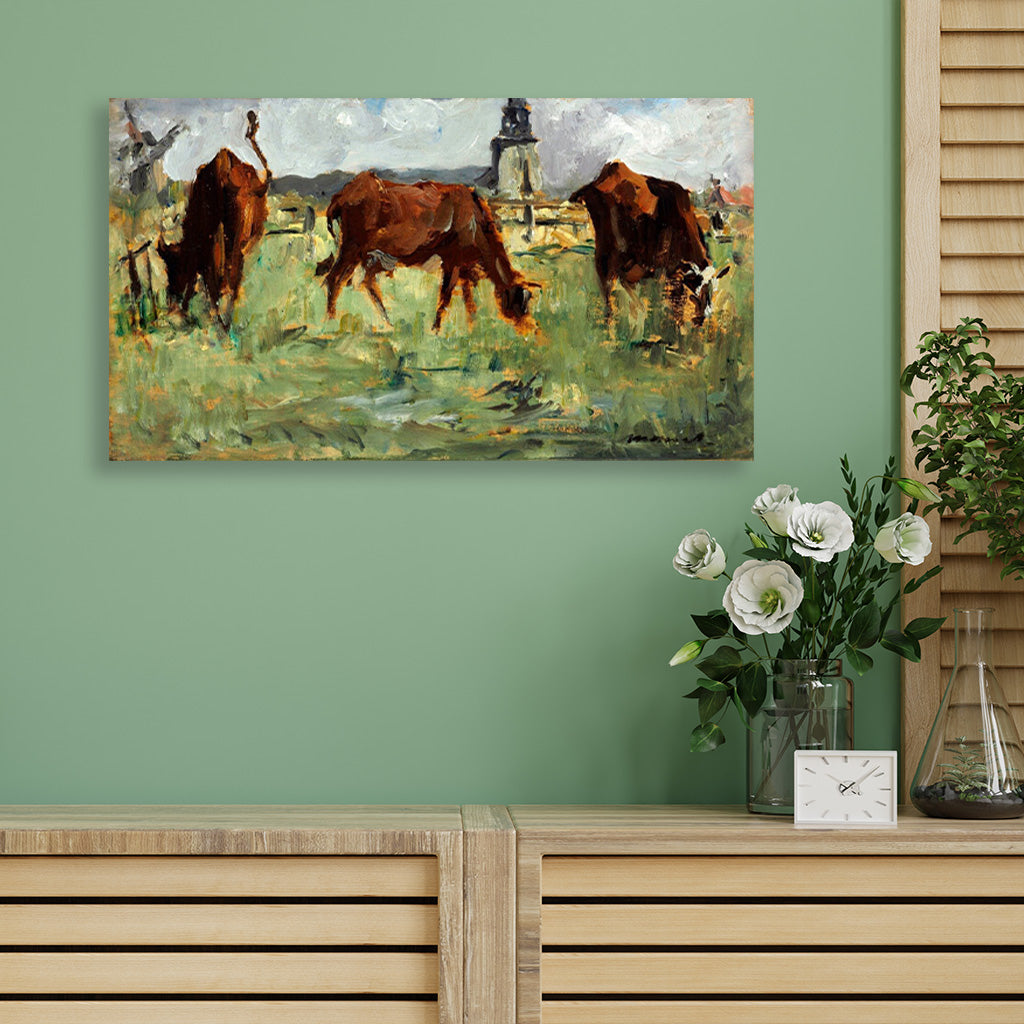 Cows In Pasture Painting - Meri Deewar 2 : 1 Horizontal Premium Wall Art Canvas by MeriDeewar