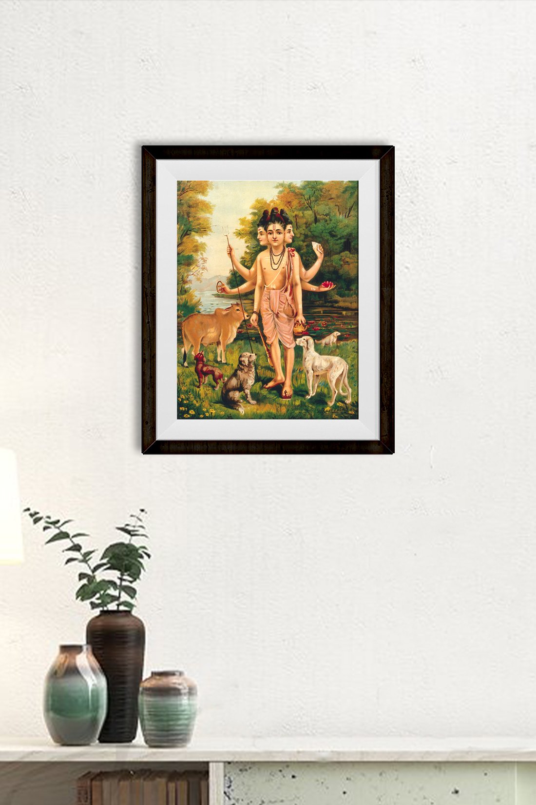 Dattātreya with his four dogs and cow Painting - Meri Deewar 4 X 5.5 Vertical Premium Wall Art Canvas by MeriDeewar