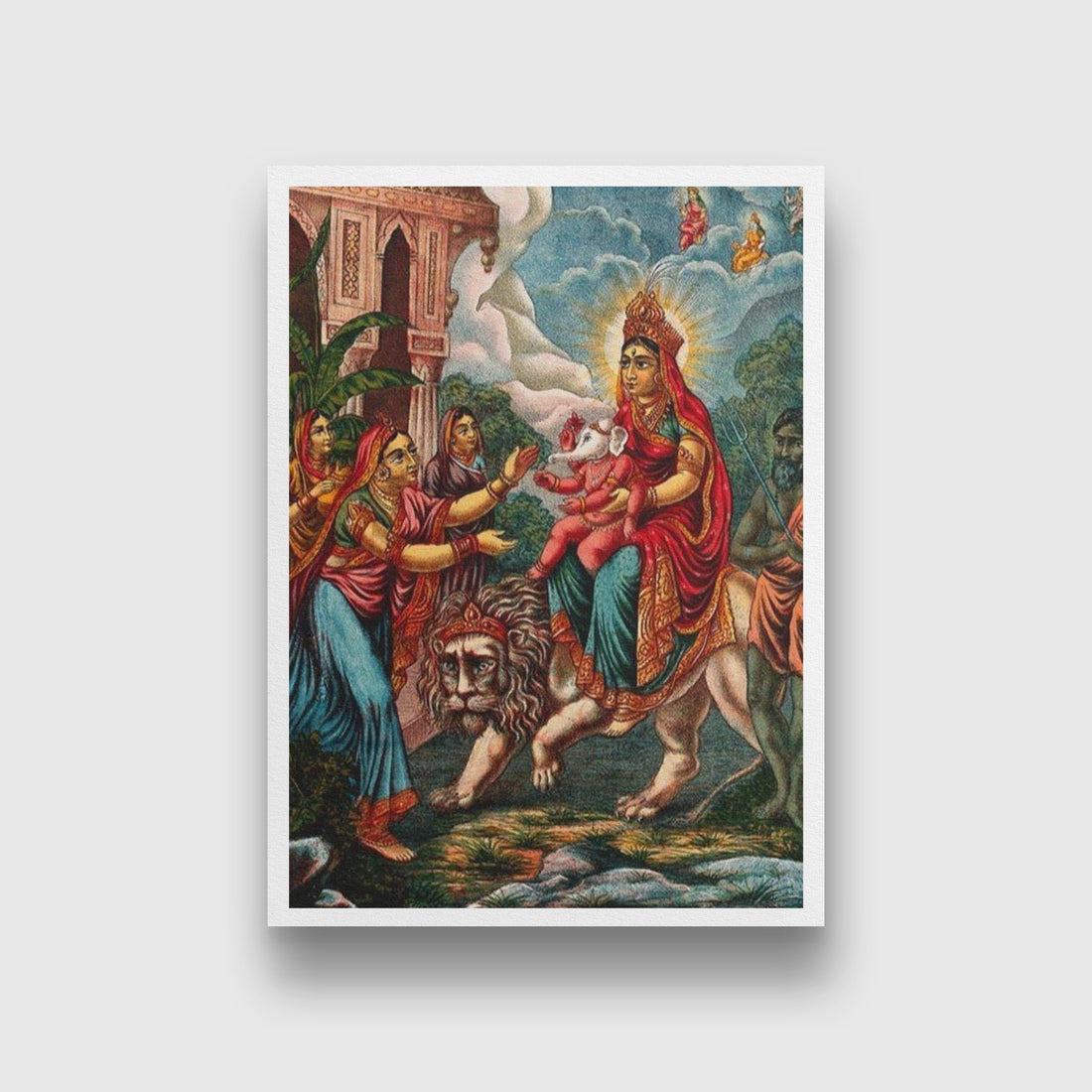 Durga riding on a lion with Ganesha Painting - Meri Deewar 3 : 4.2 Vertical Premium Wall Art Canvas by MeriDeewar